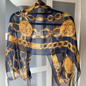 Navy and Gold Chain Print Scarf - sheer